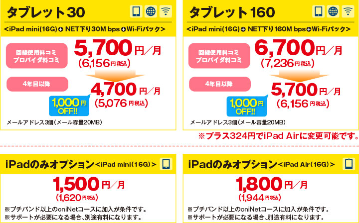 タブレット30 タブレット160 iPadのみオプション<iPad mini(16G)>oniNETをご利用中の方は プラス1,000円で iPadが持てる!
